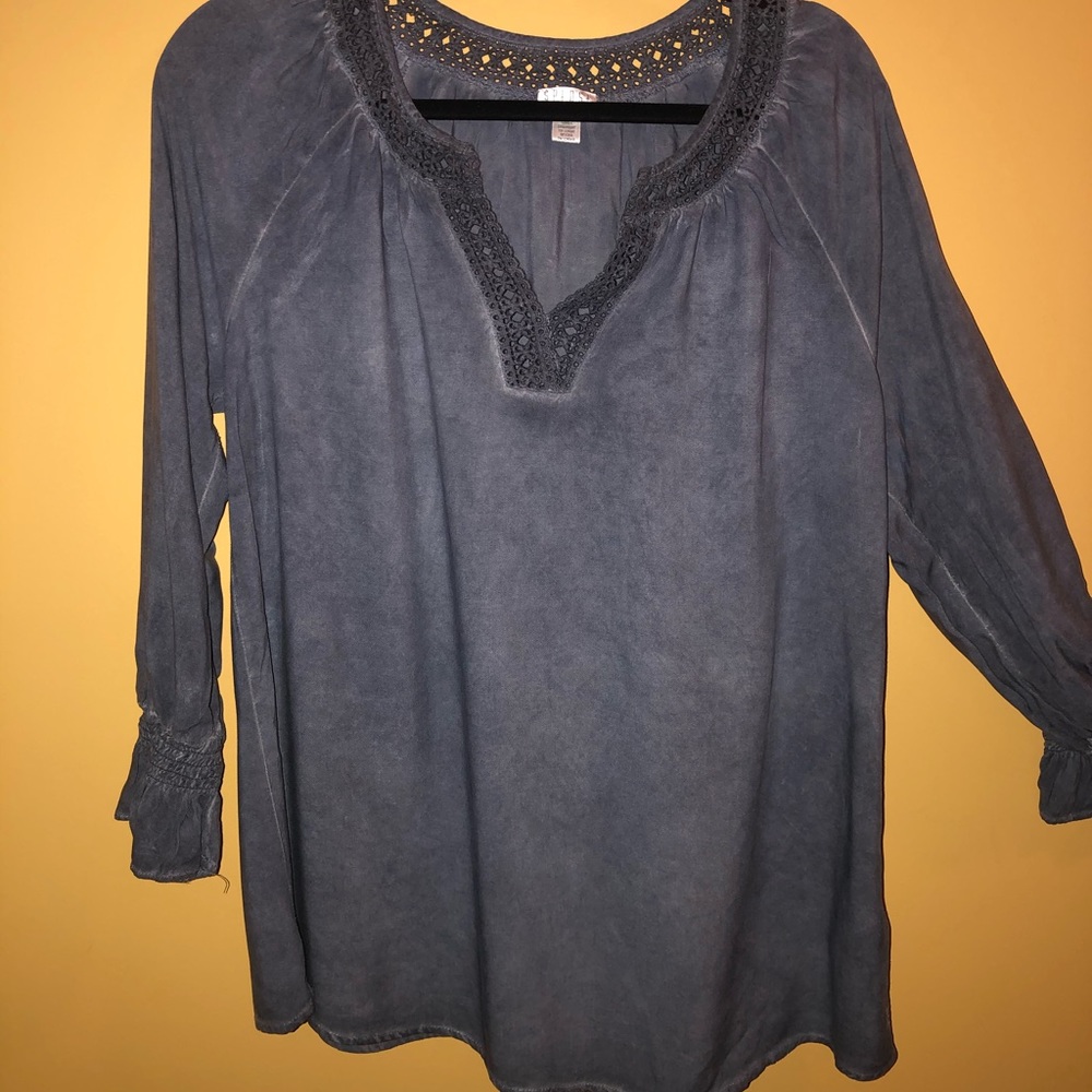 Denim Acid Washed Distressed Blouse